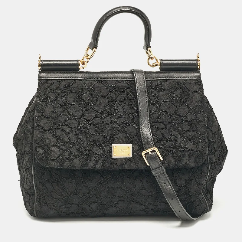 Handle bags with elegant gold-tone hardware -Dolce & Gabbana Black Lace Fabric Large Miss Sicily Top Handle Bag