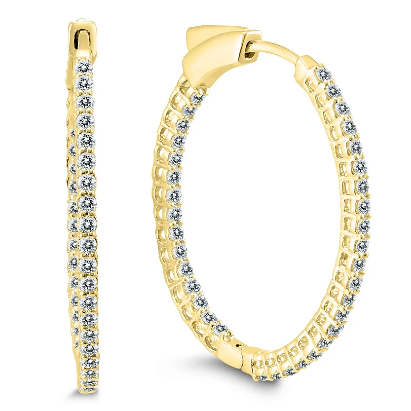 Drop Earrings with Animal Motifs -1 Carat Tw Round Diamond Hoop Earrings With Push Down Button Locks In 10K Yellow Gold