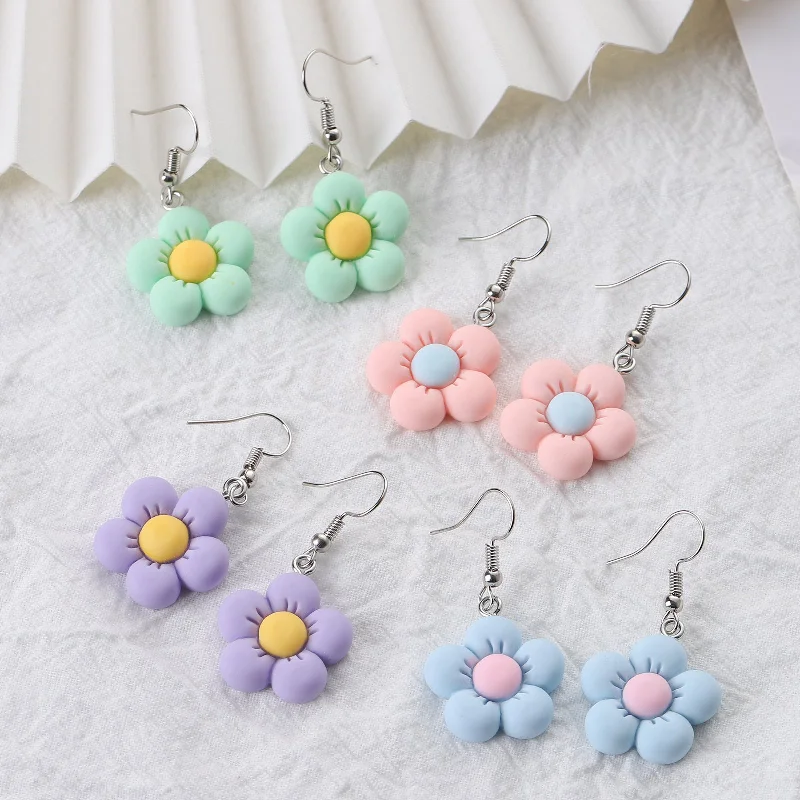 Drop Earrings with Textured Surface -Wholesale Hot Sale Sweet Cute Little Fresh Candy Small Flower Green Flower Earrings