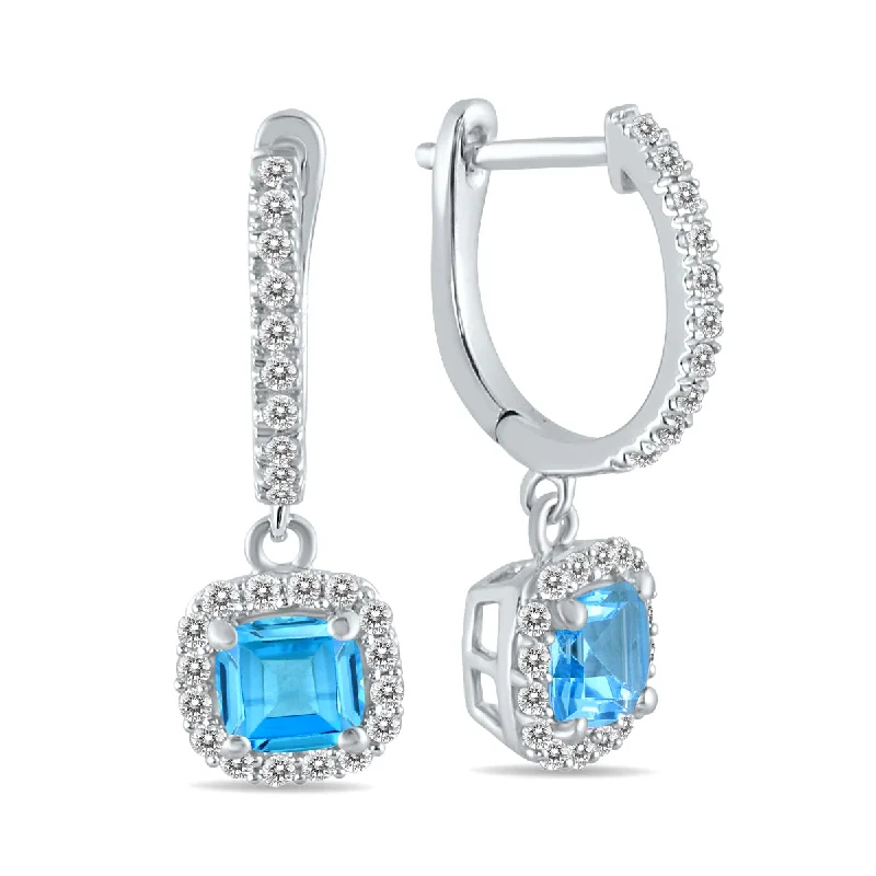 Bohemian Drop Earrings with Tassels -1 Carat Blue Topaz And Diamond Halo Dangle Earrings In 10K White Gold