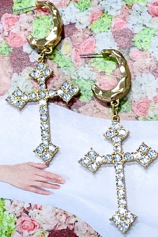 Drop Earrings for Wedding Ceremony -Svea Crystal Cross Drop Hoop Earrings