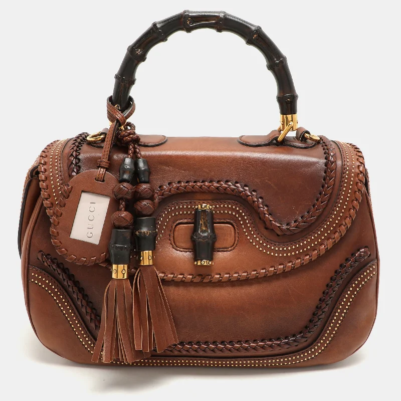 Large handle bags with spacious interior compartments -Gucci Brown Leather Large New Bamboo Top Handle Bag