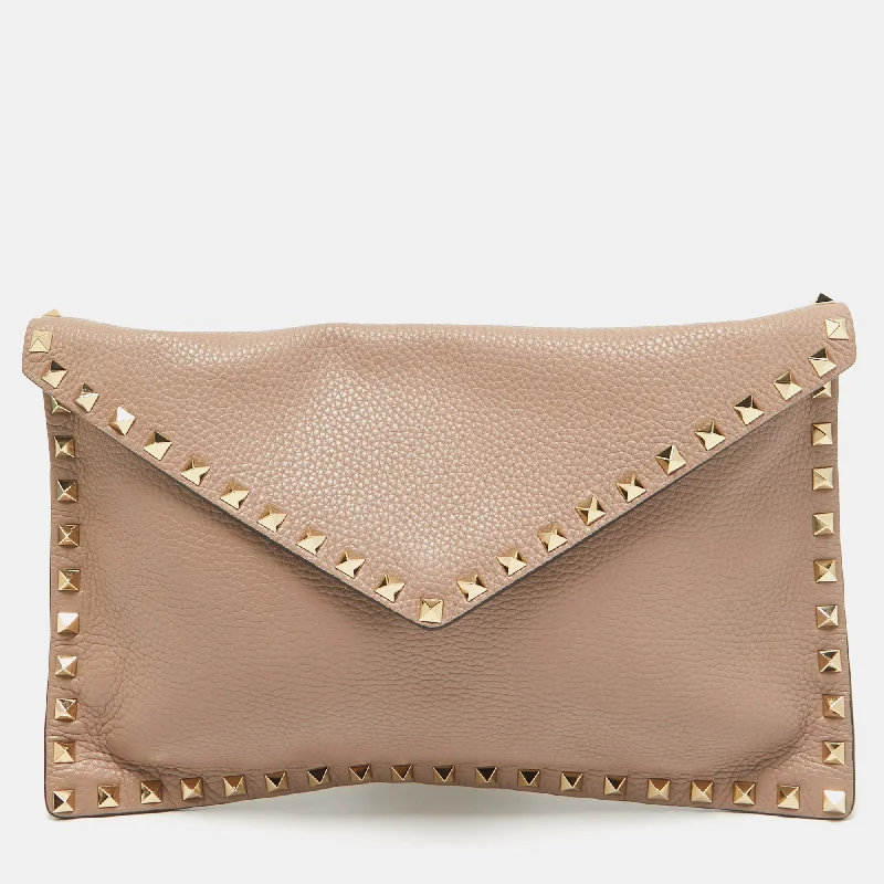 Handle bags with tropical leaves for summer -Valentino Dusty Pink Leather Rockstud Envelope Pouch