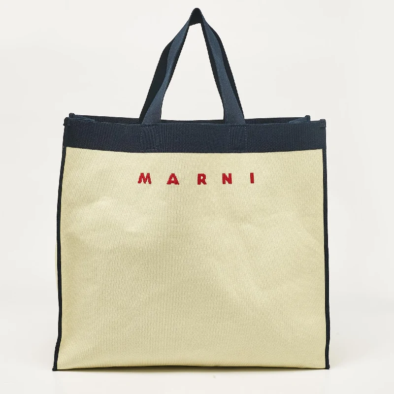 Handle bags with sleek zippers for closure -Marni Cream/navy Blue Canvas Logo Shopping Tote