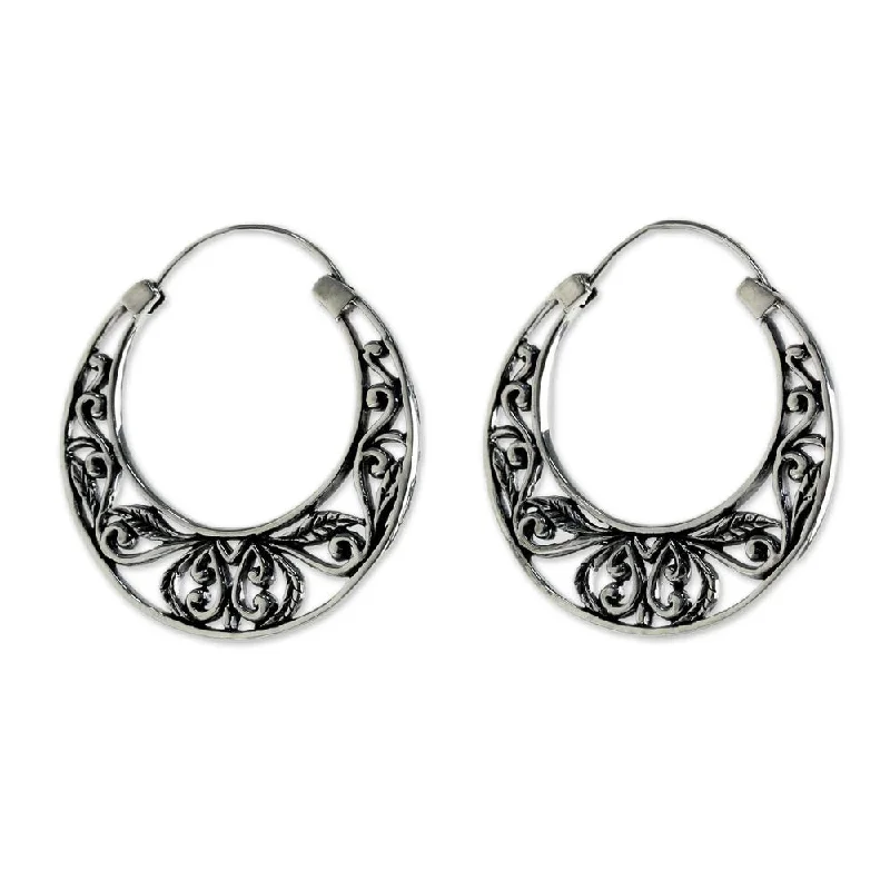 Drop Earrings for Beach Outfit -Sterling Silver Hoop Earrings, 'Leafy Spring' (Thailand) - 1.4L*0.1W