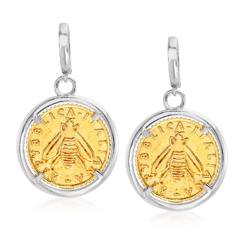 Gold Drop Earrings for Women -Ross-Simons Italian Replica Lira Bee Coin Drop Earrings in Sterling Silver and 18kt Gold Over Sterling