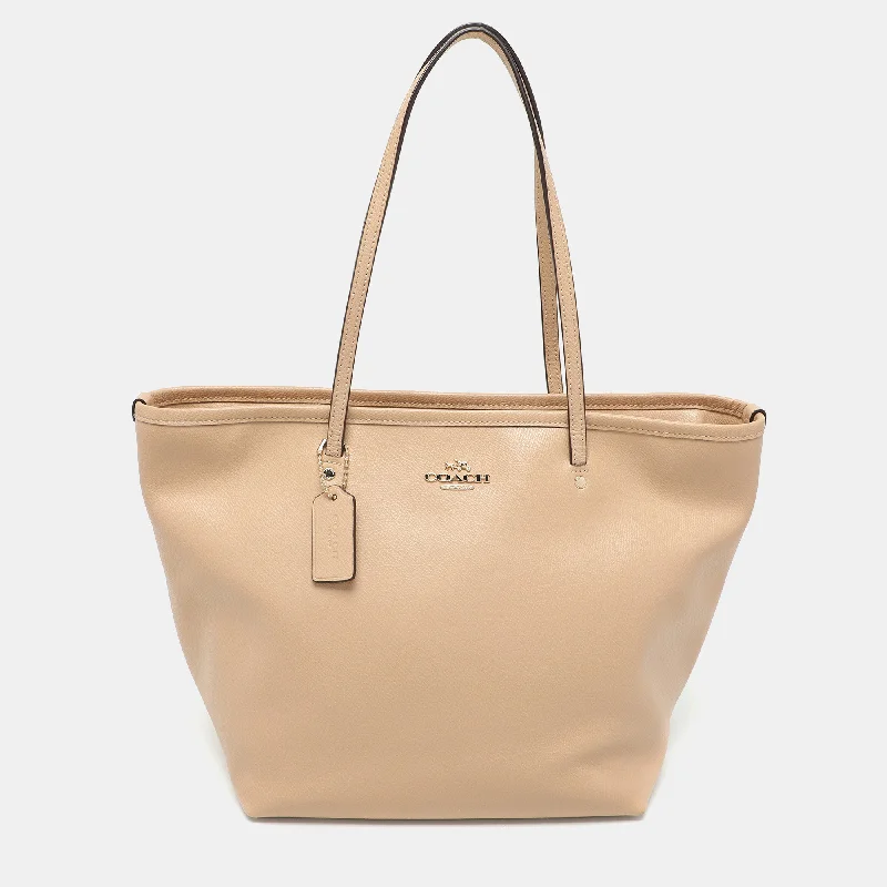 Handle bags with modern logos for branding -Coach Beige Leather Street Top Zip Tote