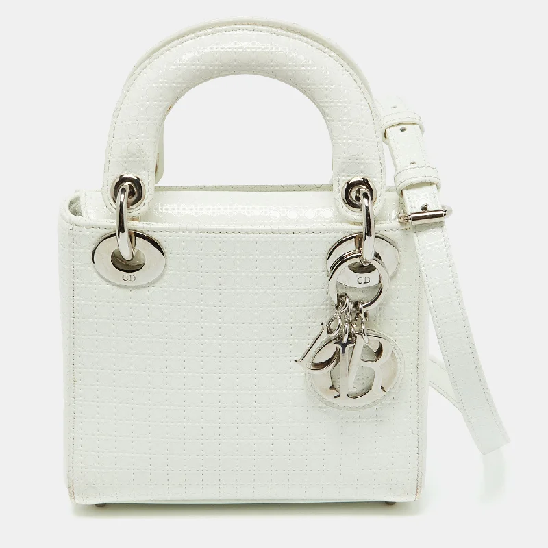 Cotton handle bags for lightweight casual wear -Dior White Microcannage Patent Leather Mini Lady Dior Tote