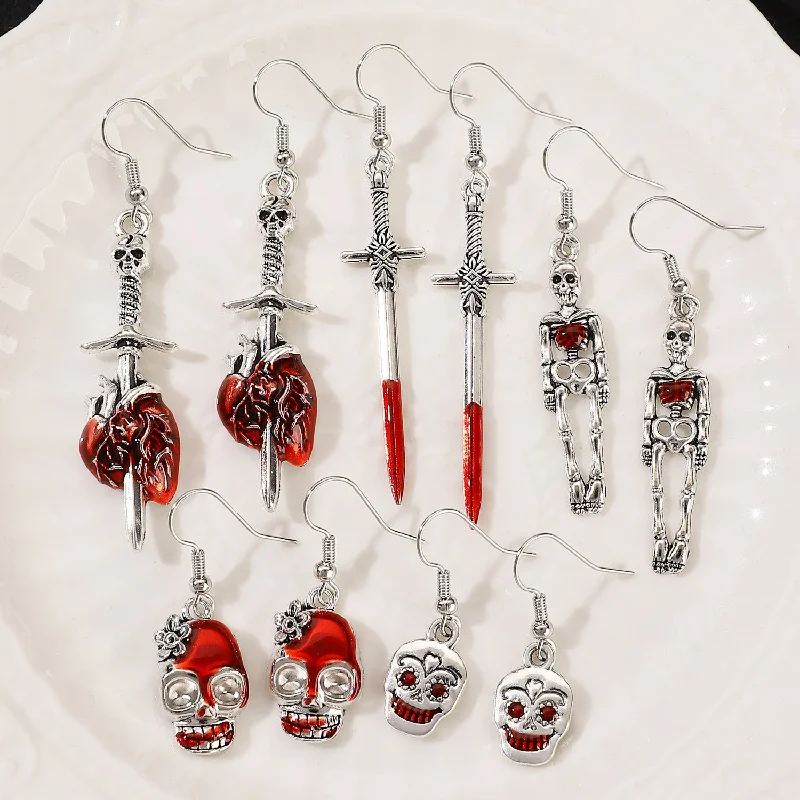 Drop Earrings for Casual Outfit -Wholesale Halloween Retro Exaggerated Gothic Horror Skull Heart Alloy Earrings