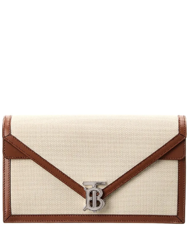 Handle bags with suede accents for texture -Burberry TB Envelope Canvas & Leather Clutch (Authentic Pre-Owned)