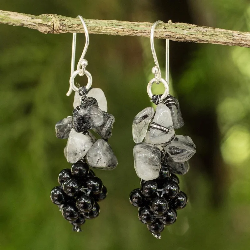 Drop Earrings with Wave Designs -Sterling Silver Heavenly Gift Quartz Onyx Earrings (Thailand)