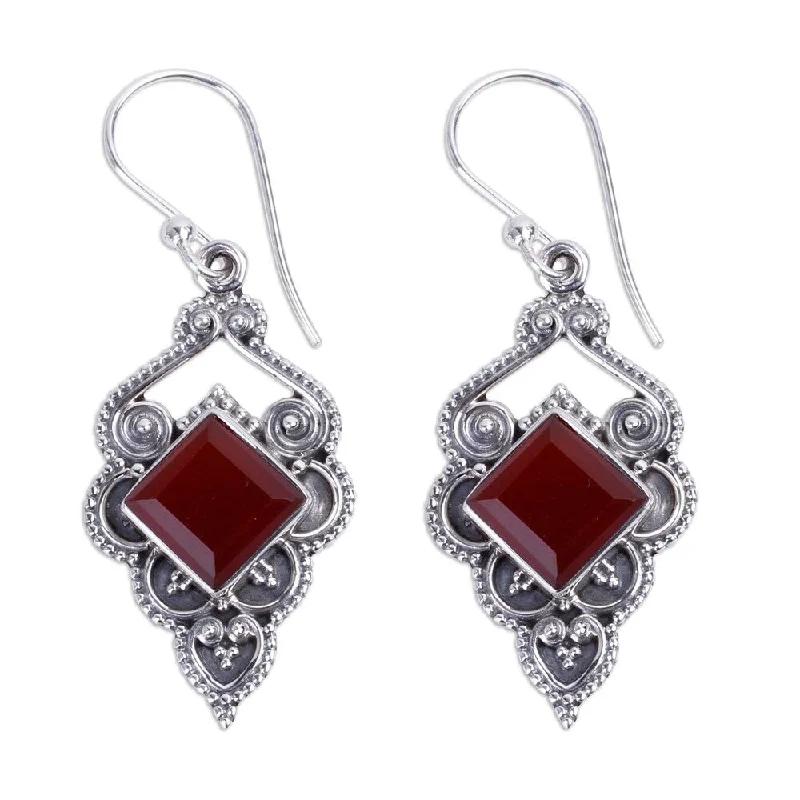 Drop Earrings with Floral Motifs -NOVICA Handmade Sterling Silver Glorious Orange Carnelian Earrings (India) - 1.8*0.7