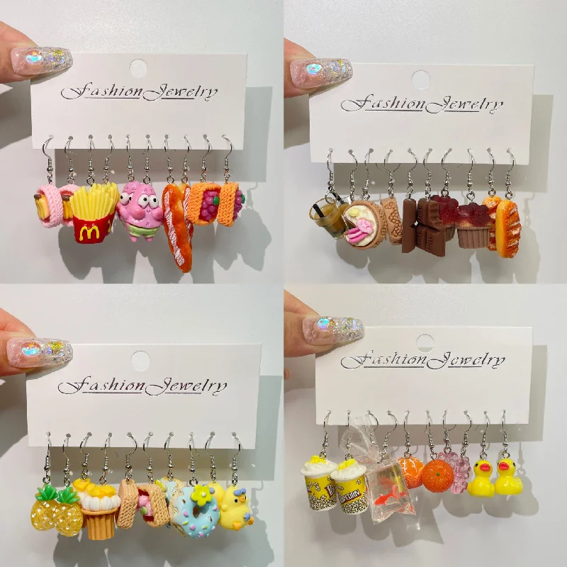 Drop Earrings with Crown Designs -Wholesale 5pcs/pack Funny Food Play Donut Fries Artificial Fruit Orange Pineapple Cute Pie Creative Earrings Set