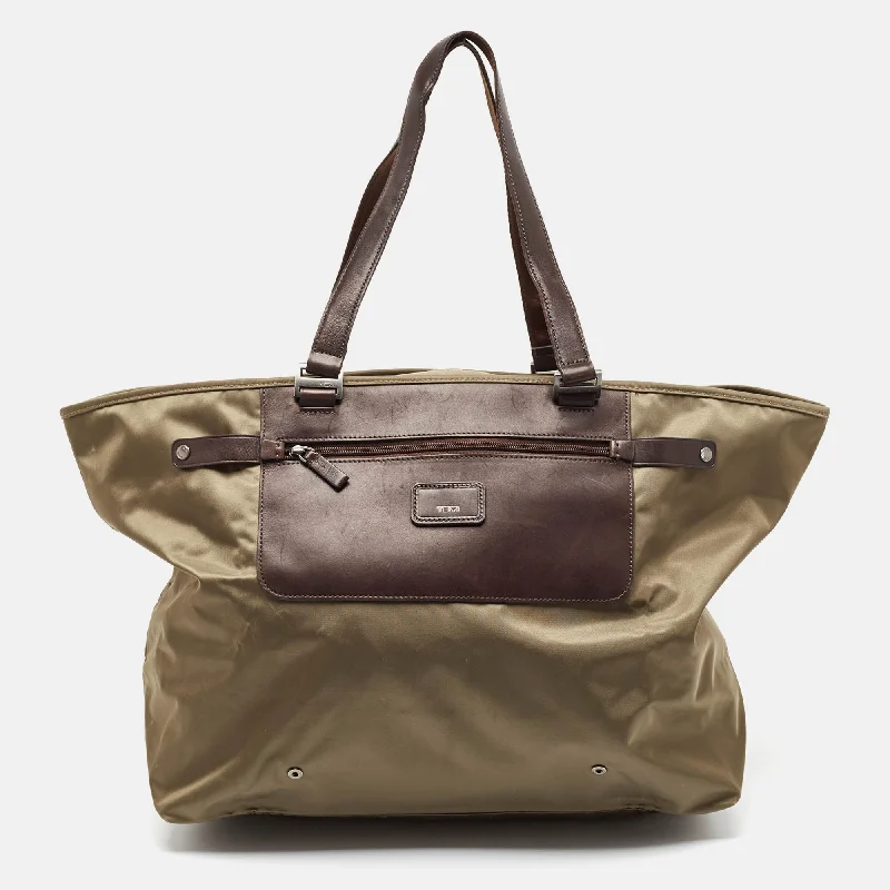 Handle bags with side pockets for organization -Tumi Khaki Green/brown Leather And Nylon Packaway Shopper Tote