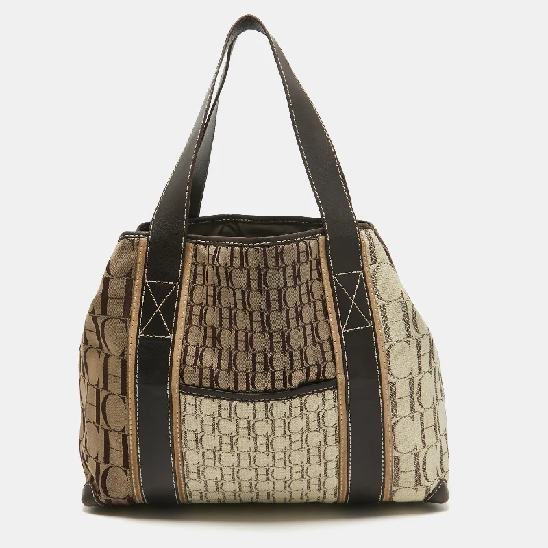 Handle bags with neutral tones for versatility -Carolina Herrera Brown/beige Canvas And Leather Shopper Tote