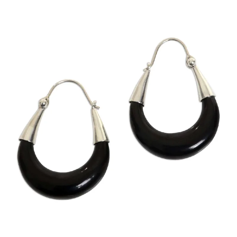 Long Drop Earrings for Dramatic -Handmade Sterling Silver Hoop Earrings, 'Half Moon' (Indonesia)