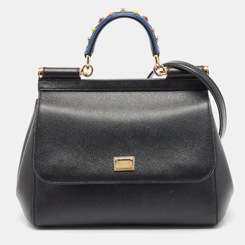 Handle bags with neutral leather for elegance -Dolce & Gabbana Black Leather Medium Studded Miss Sicily Top Handle Bag