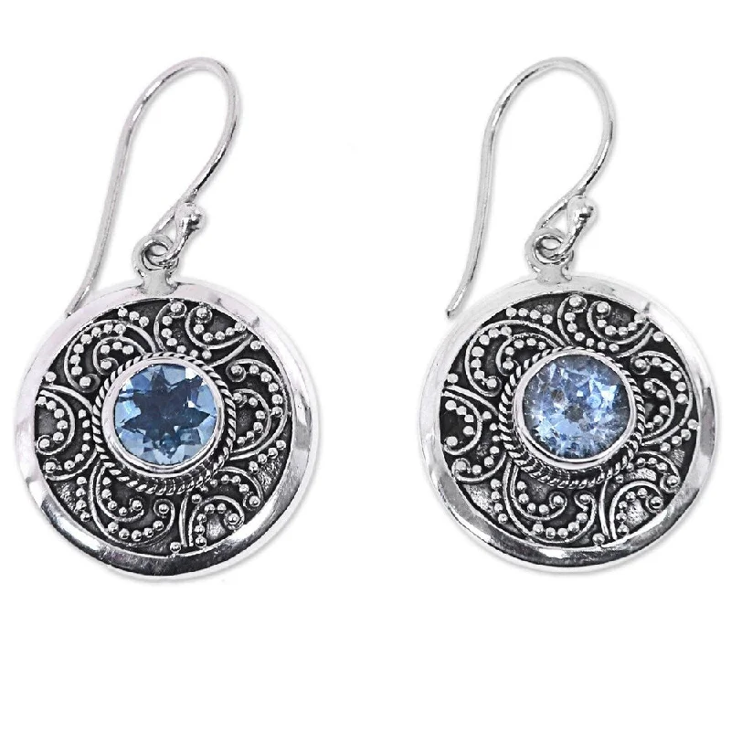 Indian Drop Earrings with Intricacy -NOVICA Handmade Sterling Silver Balinese Aura Blue Topaz Earrings (Indonesia) - 1.3*0.7