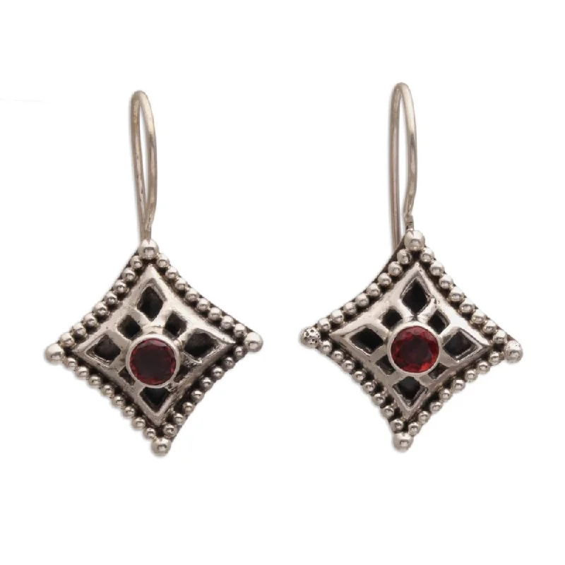 Geometric Drop Earrings for Trend -Handmade Sterling Silver 'Temple Window' Garnet Earrings (Indonesia) - 1.3L*0.8W