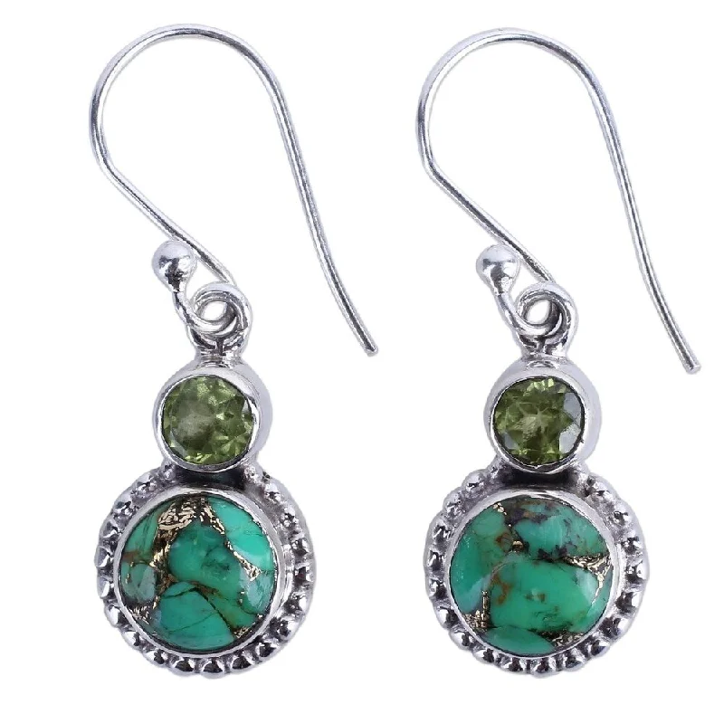 Minimalist Drop Earrings with Simplicity -Handmade Forest Floor Turquoise Peridot Earrings (India) - Silver - 1.3*0.4