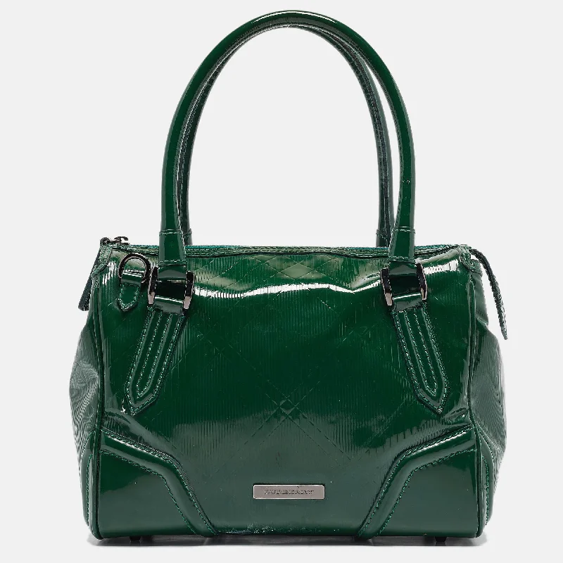 Handle bags with vintage clasps for nostalgia -Burberry Green Check Embossed Patent Leather Anford Satchel