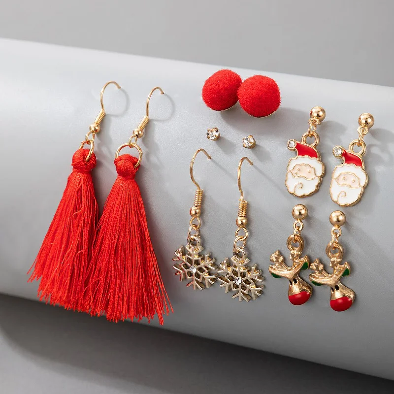 Studded Drop Earrings with Gemstones -Wholesale 6pcs Autumn and Winter New Christmas Elk Santa Claus Snowflake Tassel Earrings Red 6 Pairs Set