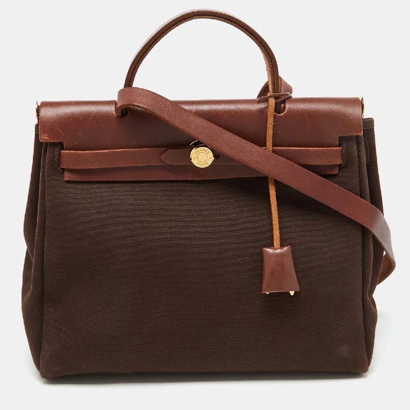 Handle bags with eco-friendly bamboo handles -Hermès Cafe/terre Canvas And Leather 2In1 Herbag Zip 31 Bag