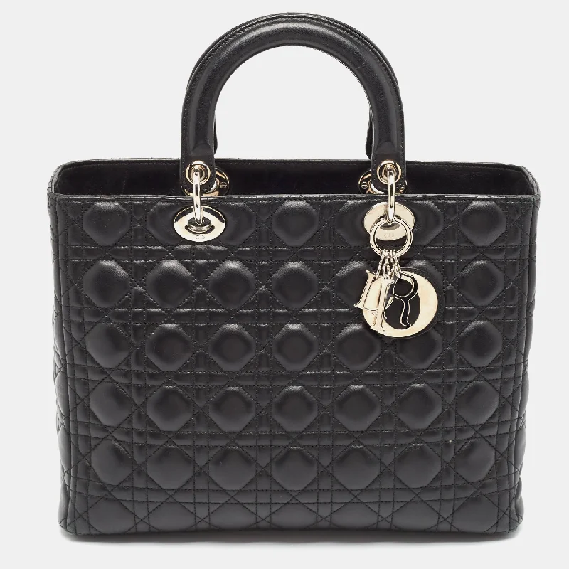 Handle bags with durable hemp for sustainability -Dior Black Cannage Leather Large Lady Dior Tote