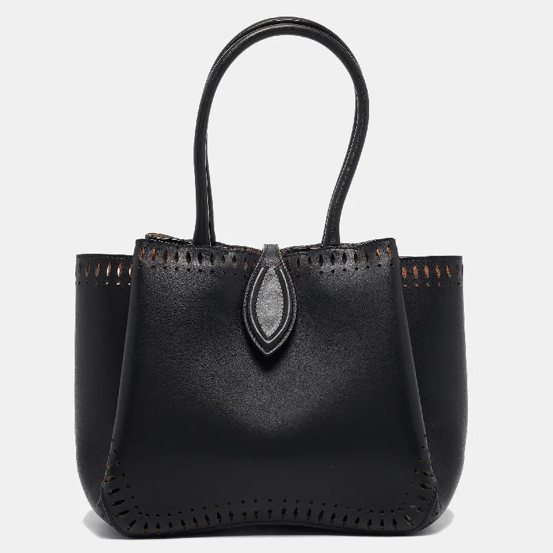 Handle bags with double handles for strength -Alaia Black Laser Cut Leather Angele 20 Petal Tote