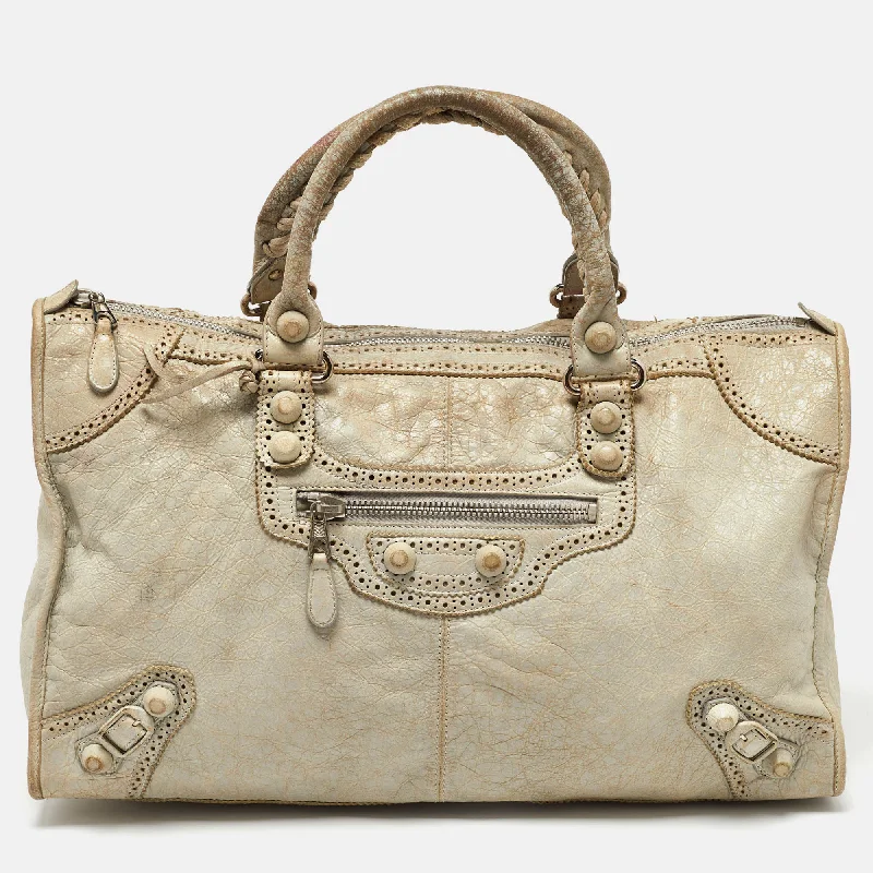 Handle bags with sturdy leather grip accents -Balenciaga Light Grey Leather Brogue Work Tote