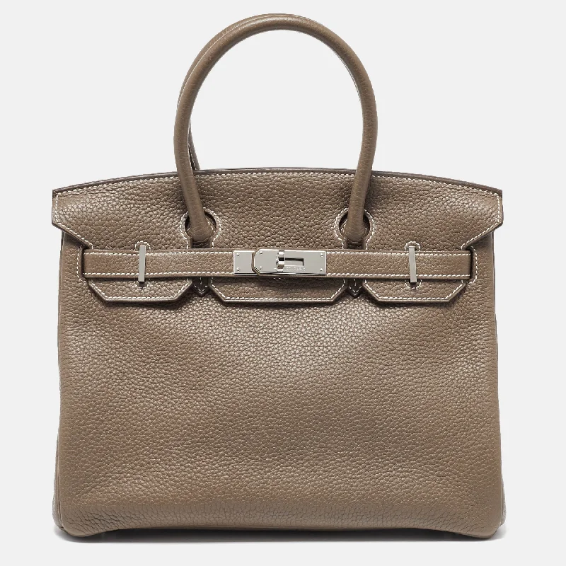 Handle bags with vegan suede for softness -Hermes Etoupe Grey Taurillion Clemence Leather Palladium Finish Birkin 30 Bag