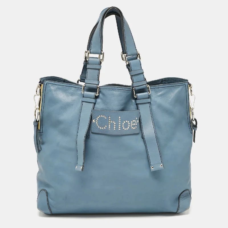 Handle bags with padded interiors for laptops -Chloe Blue Leather Studded Logo Patsy Tote