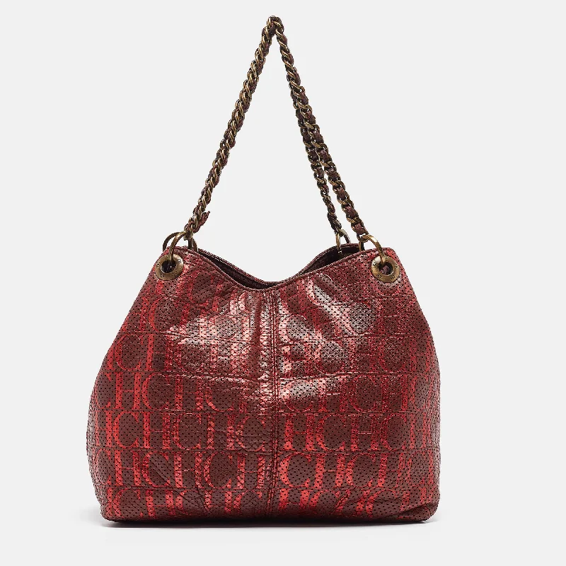 Handle bags with perforated details for style -Ch Carolina Herrera Burgundy/red Metallic Perforated Monogram Leather Chain Tote