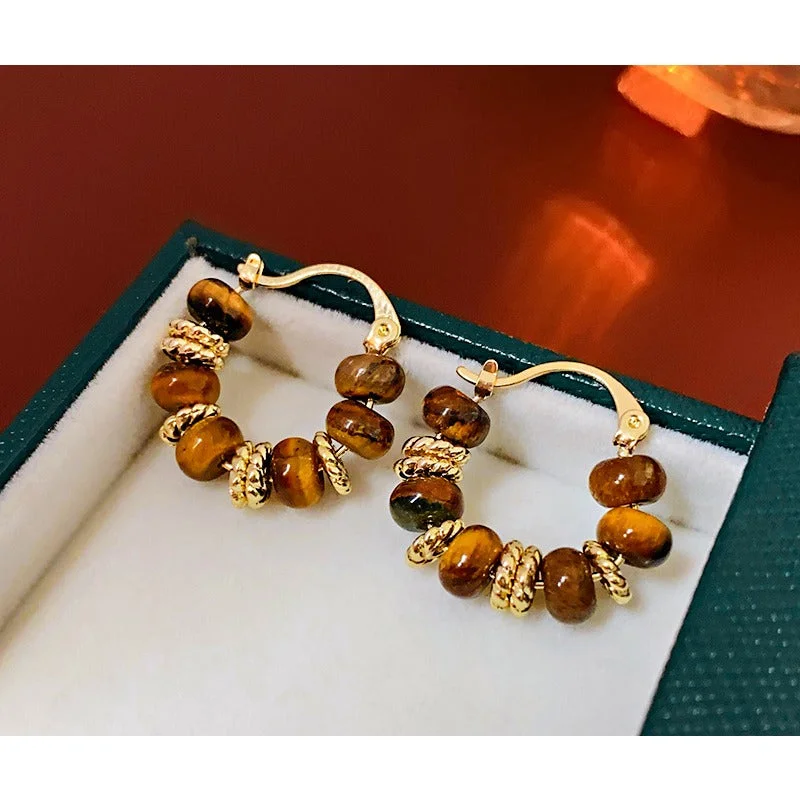 Detachable Drop Earrings with Charms -Wholesale Real Gold Electroplating Autumn and Winter Retro Fashion Temperament High-end Round Tiger Eye Stone Earrings