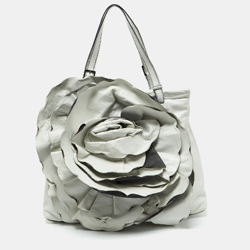 Cotton handle bags for lightweight casual wear -Valentino White Leather 3D Rose Petal Shopper Tote