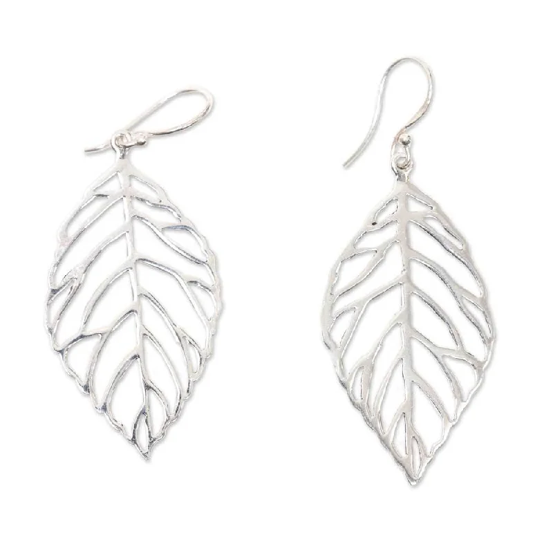 Drop Earrings for Yoga Session -Sterling Silver 'Bali Bay Leaf' Earrings (Indonesia) - 2.1*0.9