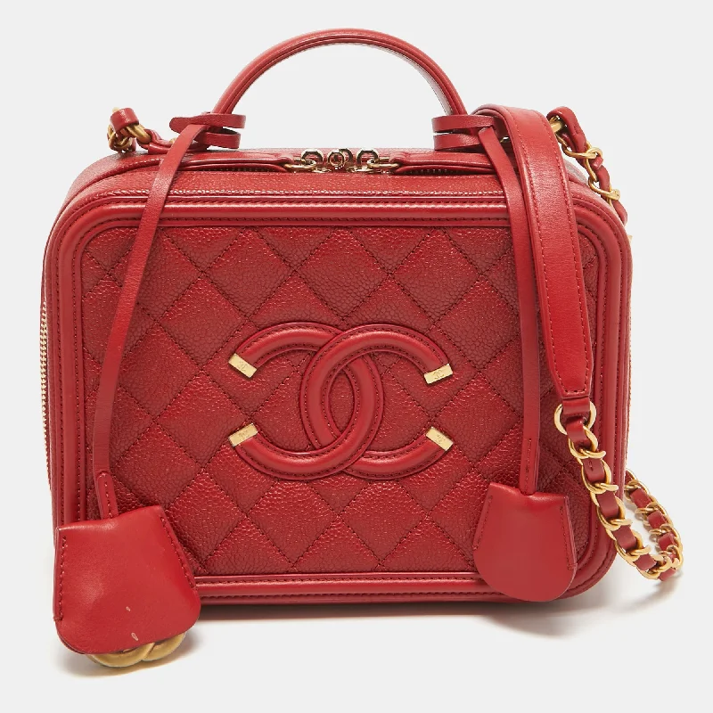 Handle bags with suede accents for texture -Chanel Red Quilted Caviar Leather Medium Cc Filigree Vanity Case Bag