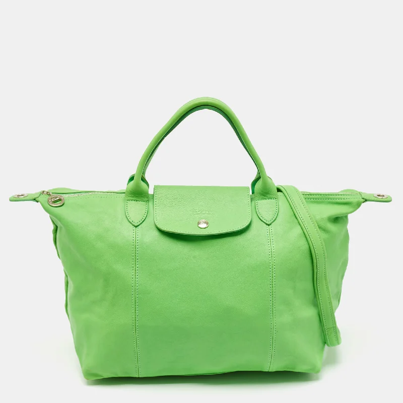 Handle bags with bold text for statements -Longchamp Green Leather Le Pliage Tote