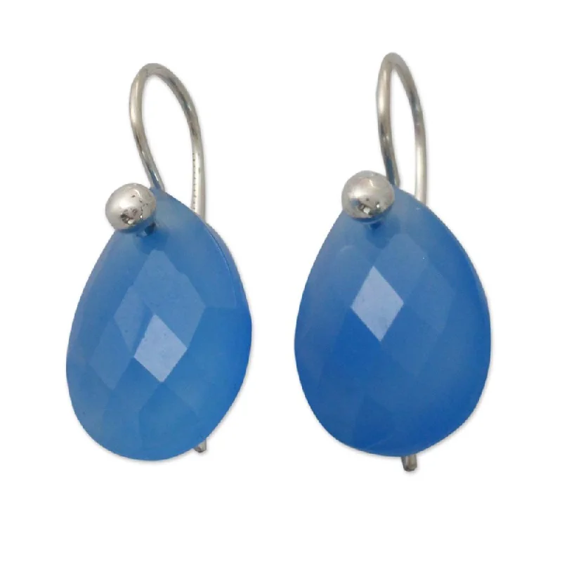 Drop Earrings for Beach Outfit -Handmade Sterling Silver 'Halcyon Days' Chalcedony Earrings (India)