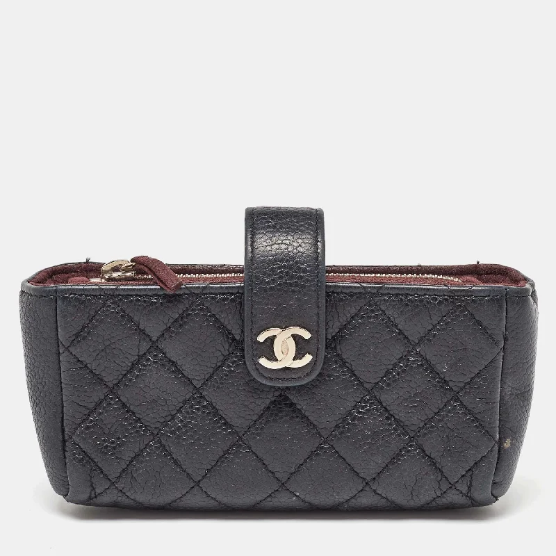 Leather handle bags for elegant daily carry -Chanel Black Quilted Caviar Leather Cc O Phone Pouch