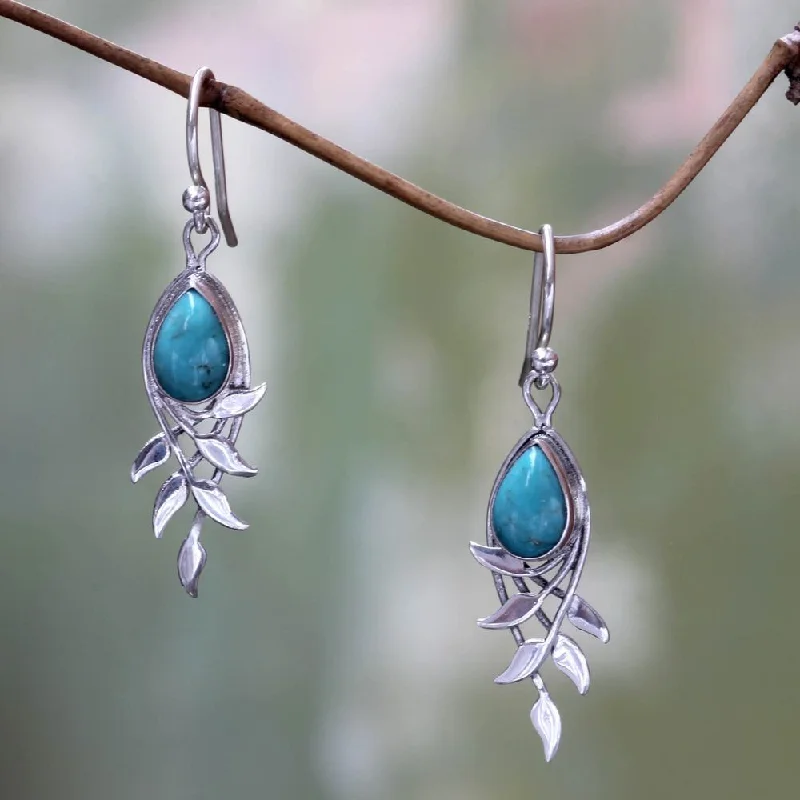 Drop Earrings for Mother's Day -Handcrafted Sterling Silver 'Balinese Bay Leaf' Turquoise Earrings (Indonesia) - 1.6L*0.4W