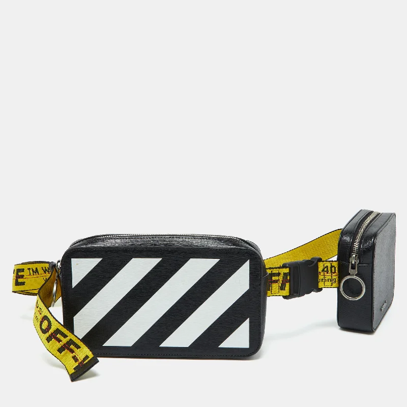 Handle bags with vegan suede for softness -Off White Black Leather Stripe Print Belt Bag