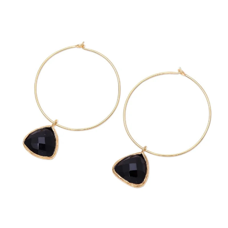 Beaded Drop Earrings for Party -NOVICA Elegant Embrace, Gold plated onyx dangle hoop earrings - 1.8*1.3