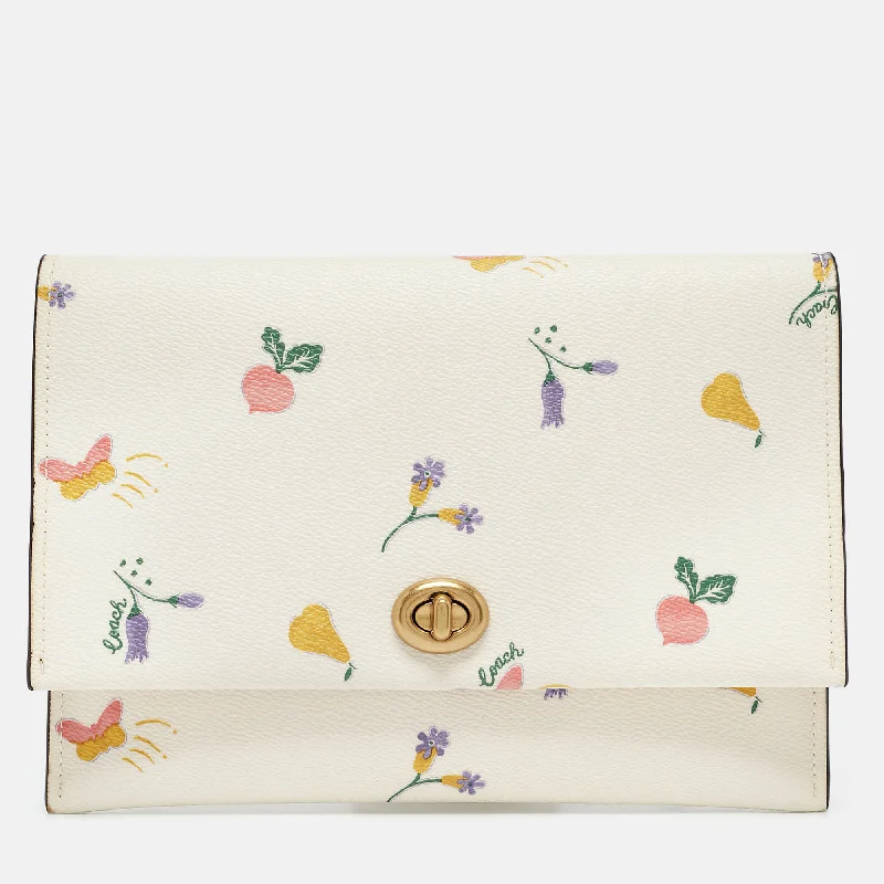 Handle bags with drawstring accents for style -Coach Cream Garden Print Leather Large Turnlock Pouch