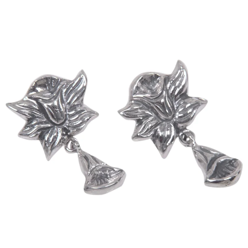 Drop Earrings with Debossed Designs -Sterling Silver 'Radiant Daffodils' Earrings (Indonesia)