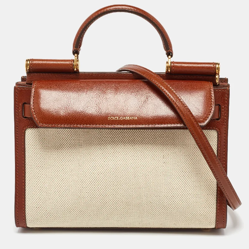 Handle bags with neutral tones for versatility -Dolce & Gabbana Brown/cream Canvas And Leather Medium Sicily 62 Top Handle Bag