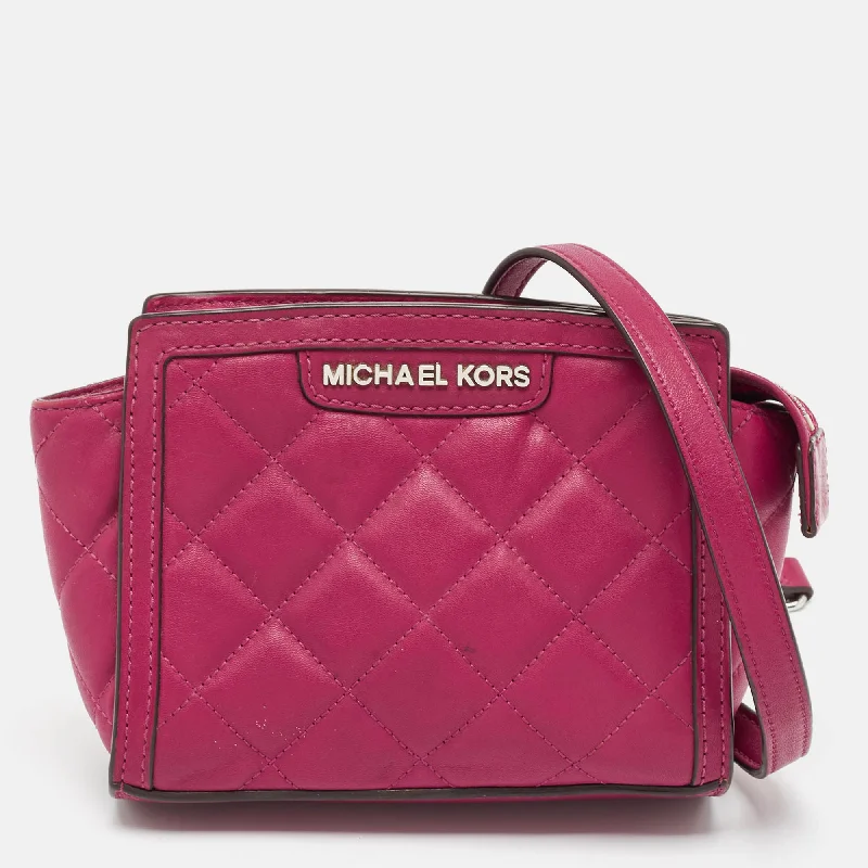 Handle bags with bright accents for pop -Michael Kors Fuchsia Pink Quilted Leather Micro Selma Tote