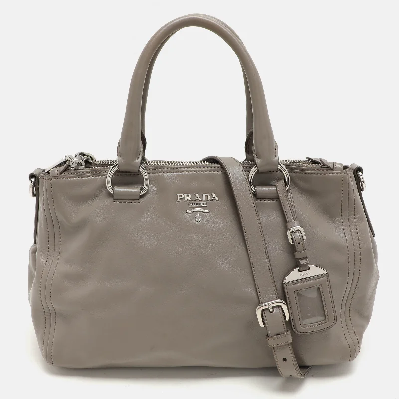 Handle bags with bright accents for pop -Prada Grey Leather Double Top Zip Satchel