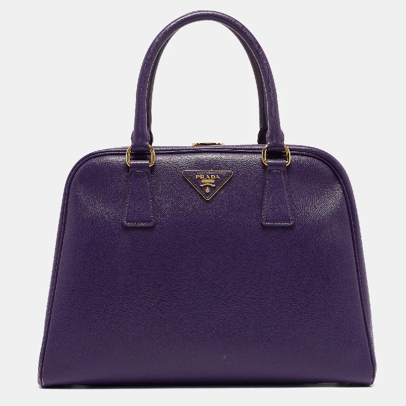 Handle bags with detachable pouches for versatility -Prada Purple Saffiano Lux Leather Pyramid Frame Satchel