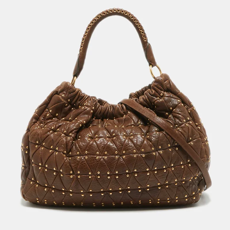 Handle bags with compact designs for portability -Miu Miu Dark Brown Matelasse Leather Studded Hobo